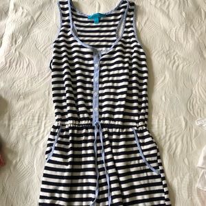 Cotton girls romper, navy and white stripes